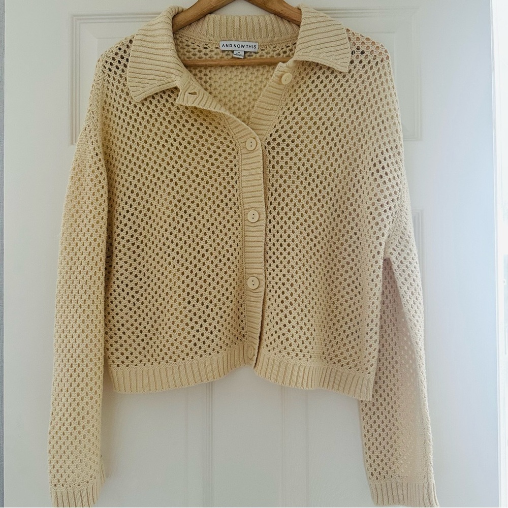 Cream Fishnet Crochet Cardigan Open Stitch Knit Button-Up Cardigan Size M